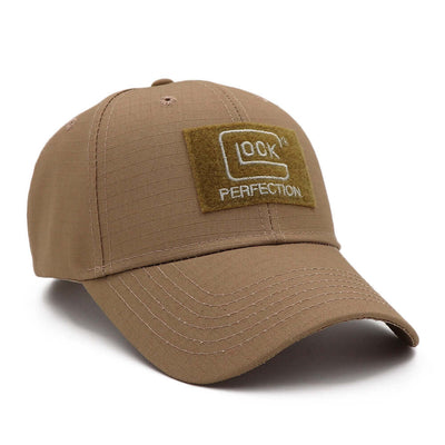 Khaki baseball cap with adjustable snapback and GLOCK patch, suitable for casual wear in all seasons.