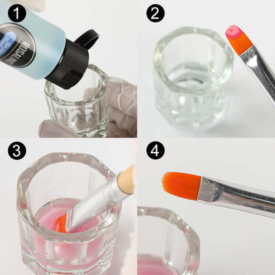 Steps to use Nail Water Gel, highlighting the application process and product in a glass container.