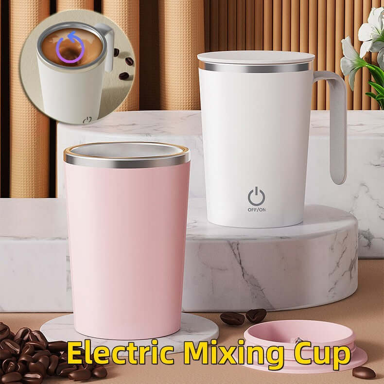 Electric mixing cup in pink and white, featuring automatic stirring, ideal for warm beverages and portable use.