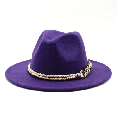 Purple women's fedora hat with gold chain detail by BONEHEAD PRO-CREATIONS, perfect vintage accessory.