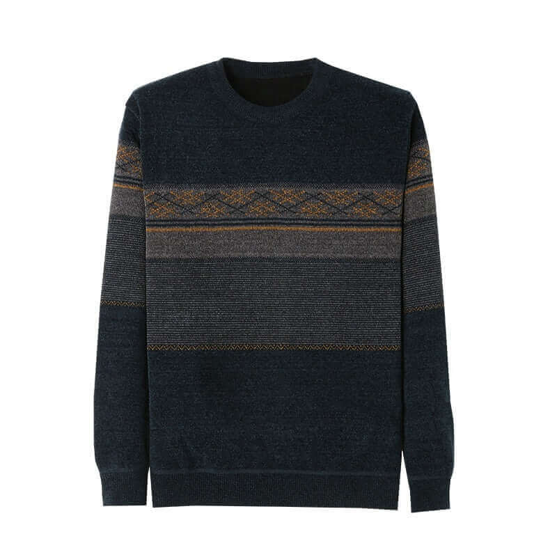 Stylish winter fleece-lined pullover sweater for men in dark color with patterned design.
