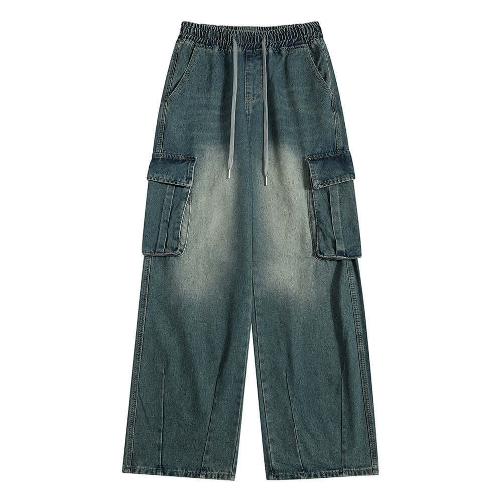 Fashion work clothes for men, blue denim trousers with elastic waist and cargo pockets, suitable for youth in sizes M, L, XL.