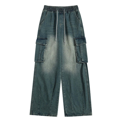 Fashion work clothes for men, blue denim trousers with elastic waist and cargo pockets, suitable for youth in sizes M, L, XL.