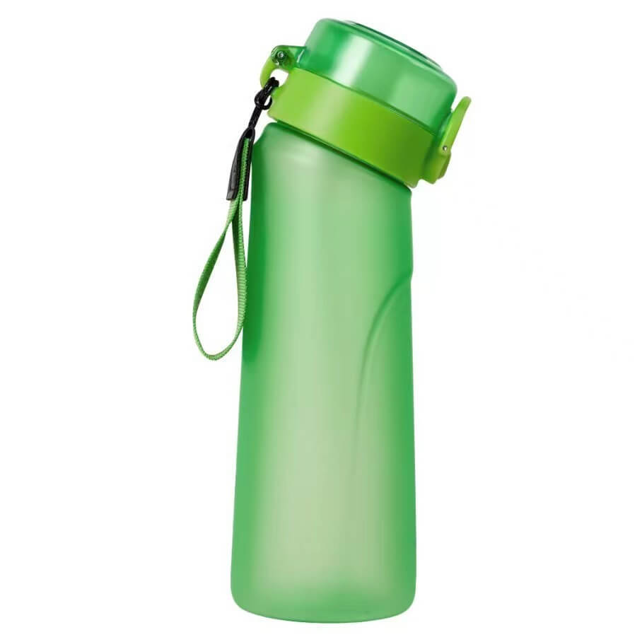 Frosted green plastic water bottle with a carry strap, 650ml capacity, creative design, perfect for hydration.