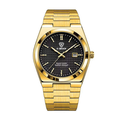 Men's gold-tone wristwatch with black dial and date display, sleek fashion accessory by BONEHEAD PRO-CREATIONS.