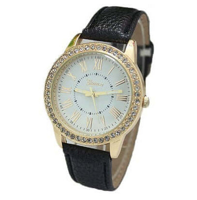 Women's quartz wrist watch with rhinestones, Roman numerals, and imitation leather strap by BONEHEAD PRO-CREATIONS.