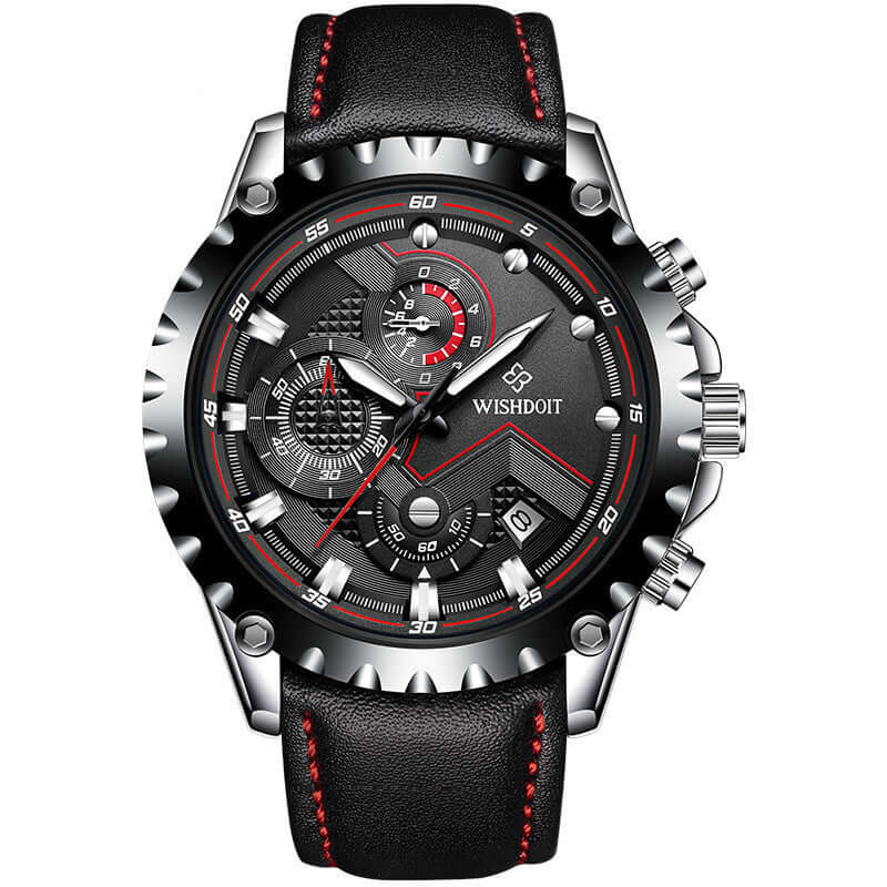 Men's quartz wrist watch with black leather and stainless steel features by WISHDOIT, stylish and durable design.