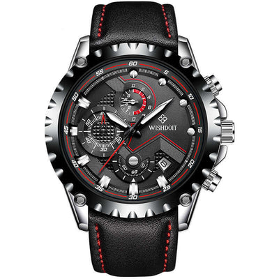 Men's quartz wrist watch with black leather and stainless steel features by WISHDOIT, stylish and durable design.