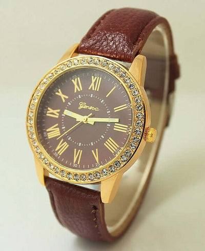 Women's Leather Band Geneva Quartz Wrist Watch with Roman Numerals and Rhinestones by BONEHEAD PRO-CREATIONS.