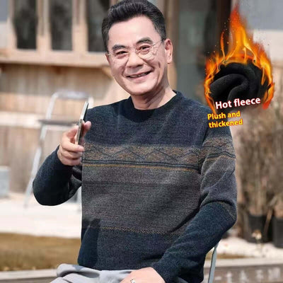 Middle-aged man wearing a warm fleece-lined sweater outdoors, showcasing its cozy and stylish design for winter.