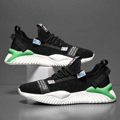 Trendy black mesh shoes with green accents and comfortable sole designed by BONEHEAD PRO-CREATIONS.