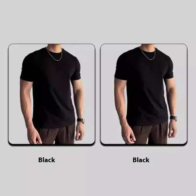 Men's black short-sleeved slim fit t-shirt, showcasing two styles on a solid background.