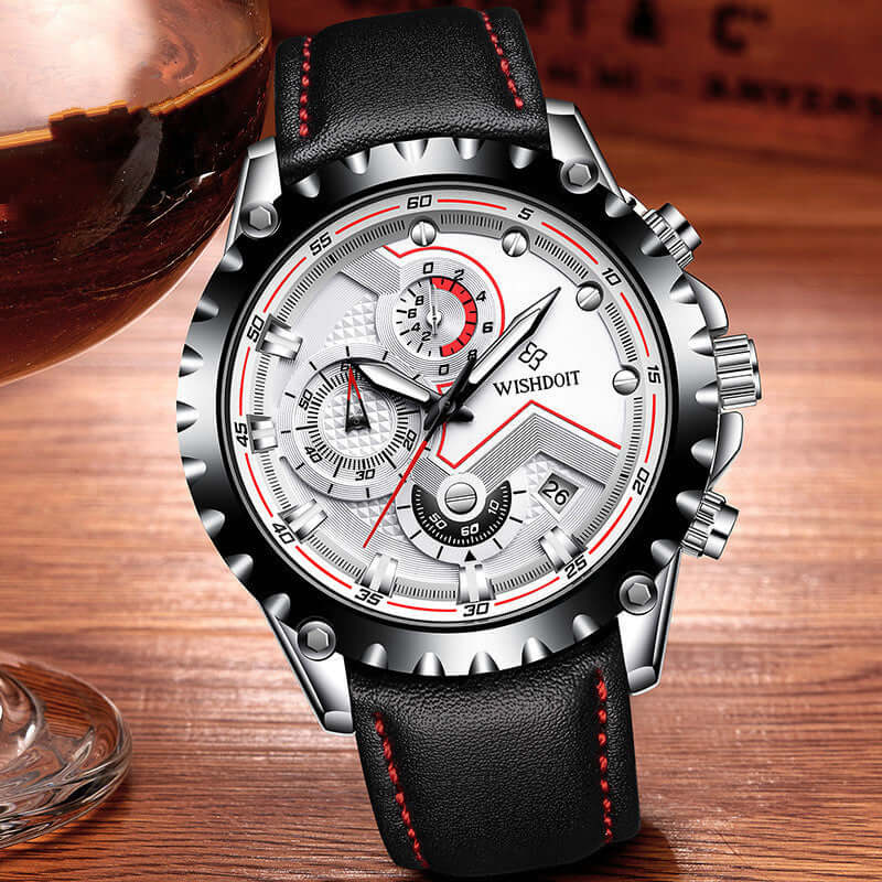 Men's quartz wrist watch with black leather strap, silver dial, and chronograph features by BONEHEAD PRO-CREATIONS
