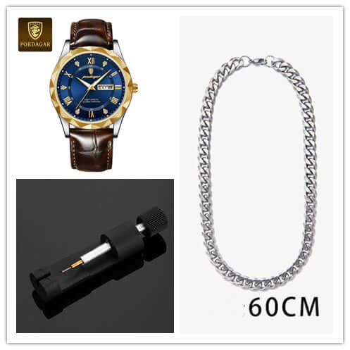 Men's luxury quartz wrist watch and silver chain necklace from BONEHEAD PRO-CREATIONS, stylish accessories for discerning tastes.