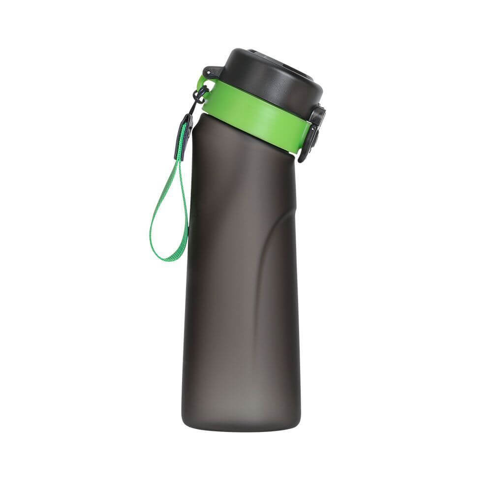 Fashionable frosted black drinking water bottle with green neck, 650ml capacity, ideal for hydration.