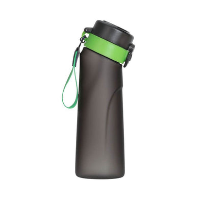 Fashionable frosted black drinking water bottle with green neck, 650ml capacity, ideal for hydration.