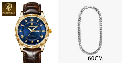 Luxury men's quartz wrist watch with brown leather band and blue face, accompanied by a 60CM silver chain necklace.