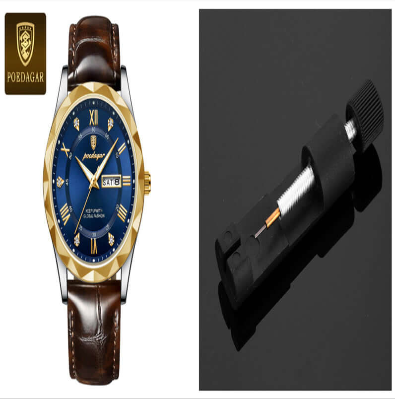 Luxury men's wrist watch with blue face and brown leather strap, featuring a sophisticated design by POEBAGAR.