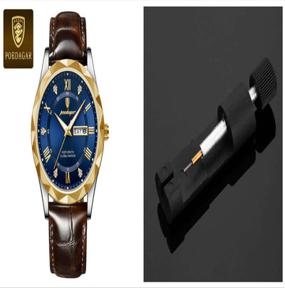 Luxury men's wrist watch with blue face and brown leather strap, featuring a sophisticated design by POEBAGAR.