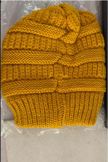 Warm yellow knit hat for women, perfect for protective hairstyles, from BONEHEAD PRO-CREATIONS, ideal for winter and autumn.