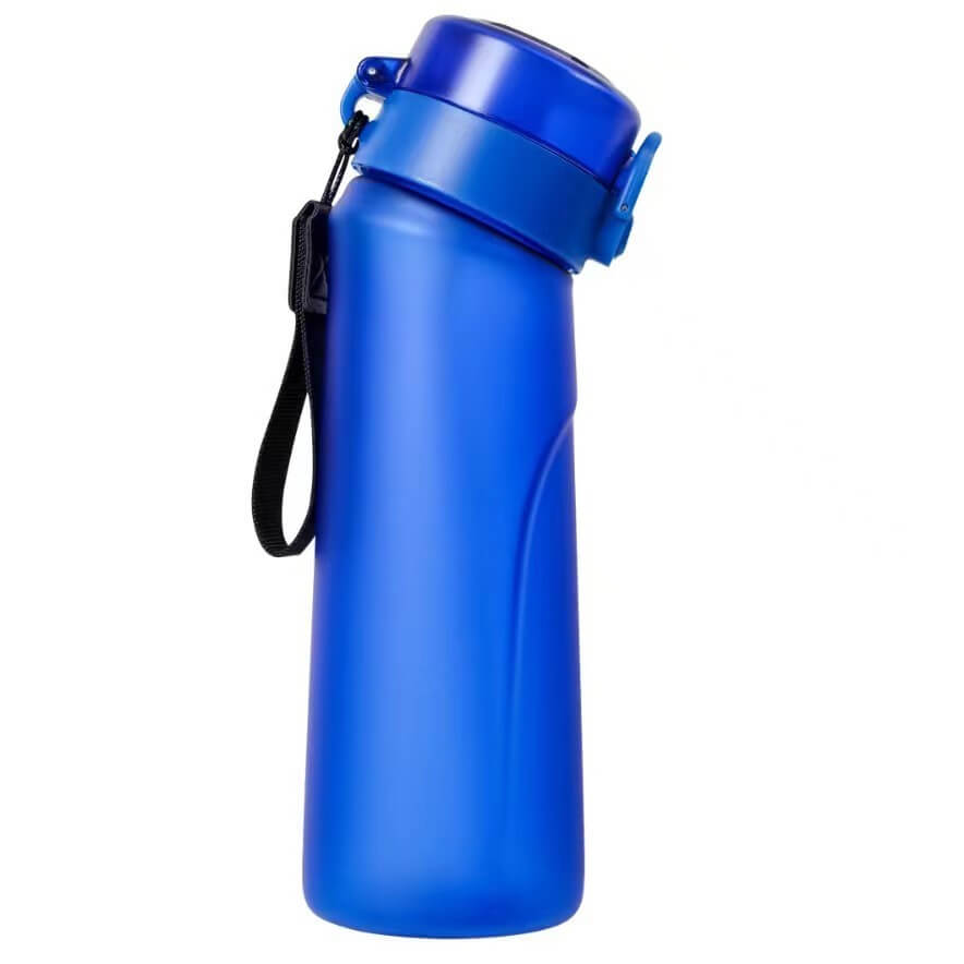 Blue frosted plastic water bottle cup, 650ml, with a secure lid and strap, perfect for on-the-go hydration.