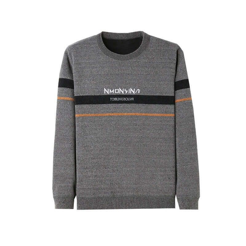 Men's winter fleece-lined sweater in grey with striped design, perfect for casual wear.
