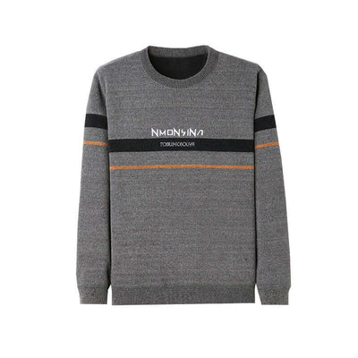 Men's winter fleece-lined sweater in grey with striped design, perfect for casual wear.