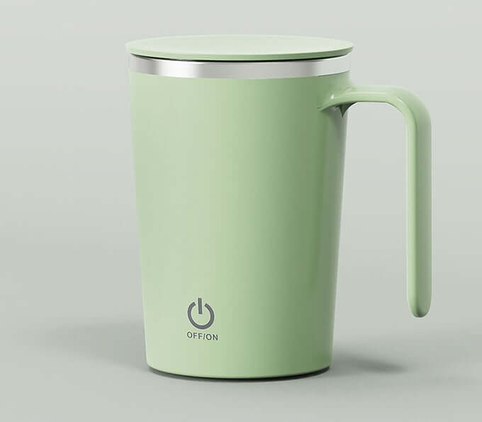 Green automatic mixing cup with lid and handle, ideal for coffee and tea, featuring an easy-to-use power button.