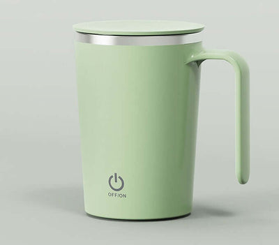 Green automatic mixing cup with lid and handle, ideal for coffee and tea, featuring an easy-to-use power button.