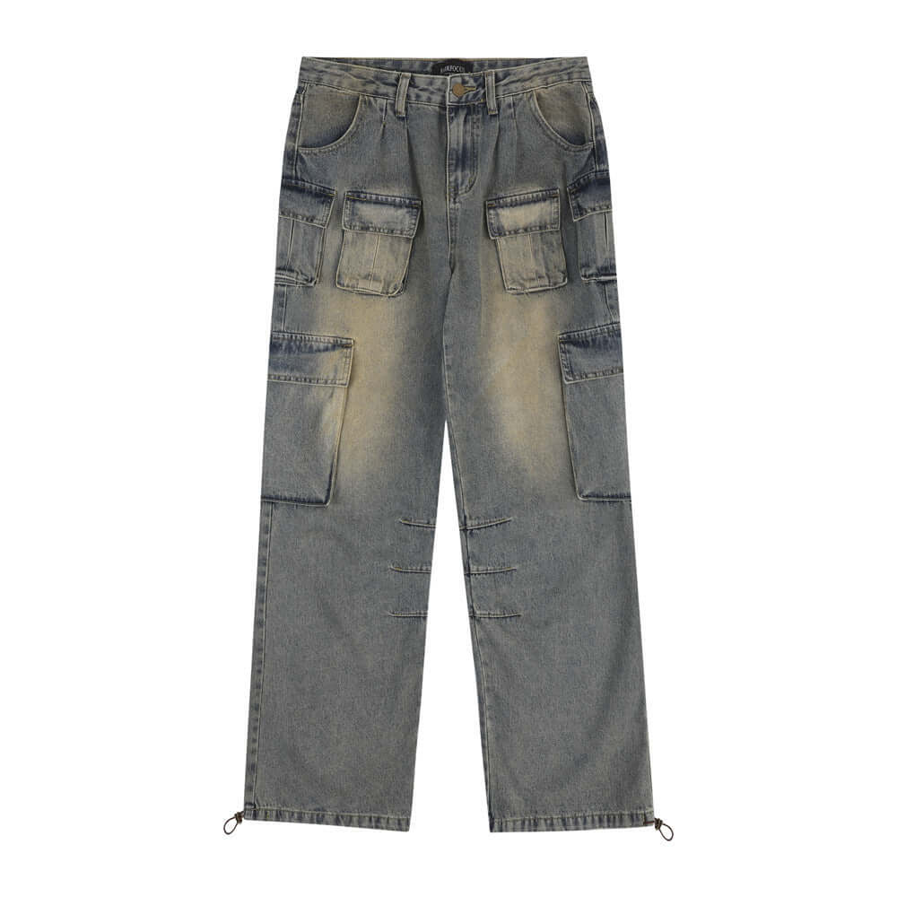 Blue vintage fashion work jeans for men, featuring multiple pockets and a relaxed fit.