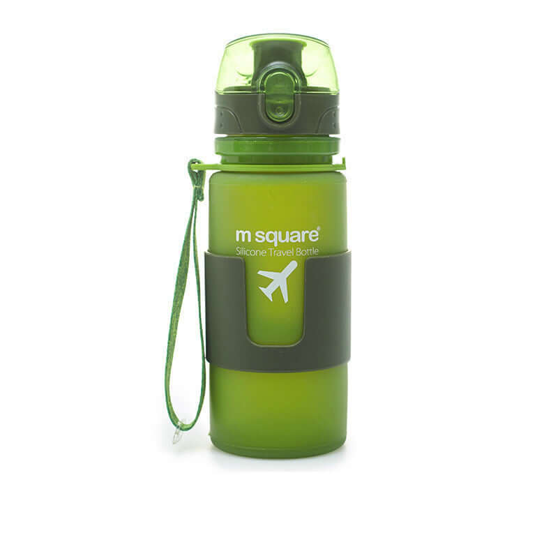 Green portable silicone travel water bottle with strap, ideal for outdoor activities and hydration.