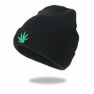 Black knitted hat with green cannabis leaf embroidery, stylish beanie from BONEHEAD PRO-CREATIONS.