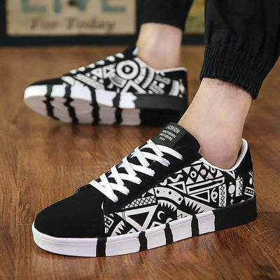 Trendy canvas shoes with black and white geometric patterns for casual wear by BONEHEAD PRO-CREATIONS.