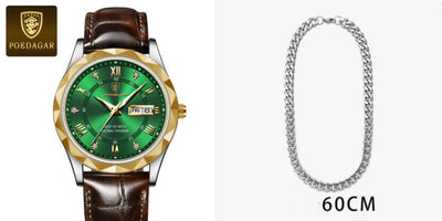 Luxury men's wristwatch with green dial and leather band alongside a silver chain, POEDAGAR branded.