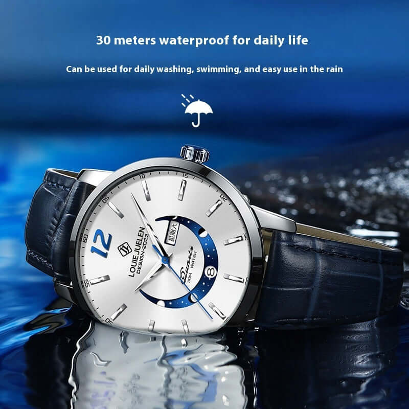 Master Moon Phase Luminous Waterproof Wrist Watch with blue leather strap for men by BONEHEAD PRO-CREATIONS.