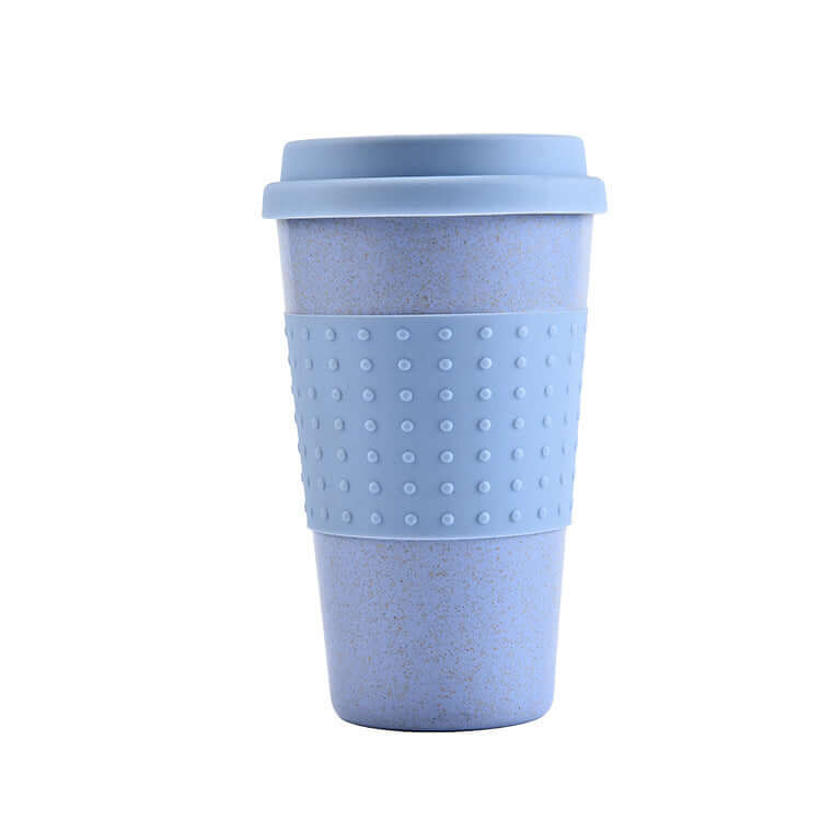 Light blue biodegradable wheat straw cup with a silicone lid, perfect for coffee and tea.