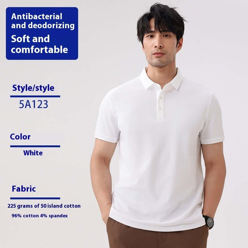 Men's white polo shirt, antibacterial, soft and comfortable, made from 96% cotton, suitable for casual wear.