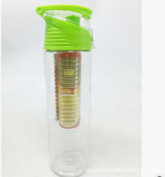 Clear plastic water bottle with green lid and built-in tea steeper for outdoor sports and lemon-infused drinks.