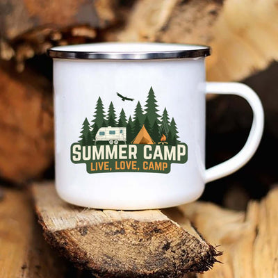 Enamel camping mug with 'Summer Camp' design, perfect for outdoor adventures and cozy household use.