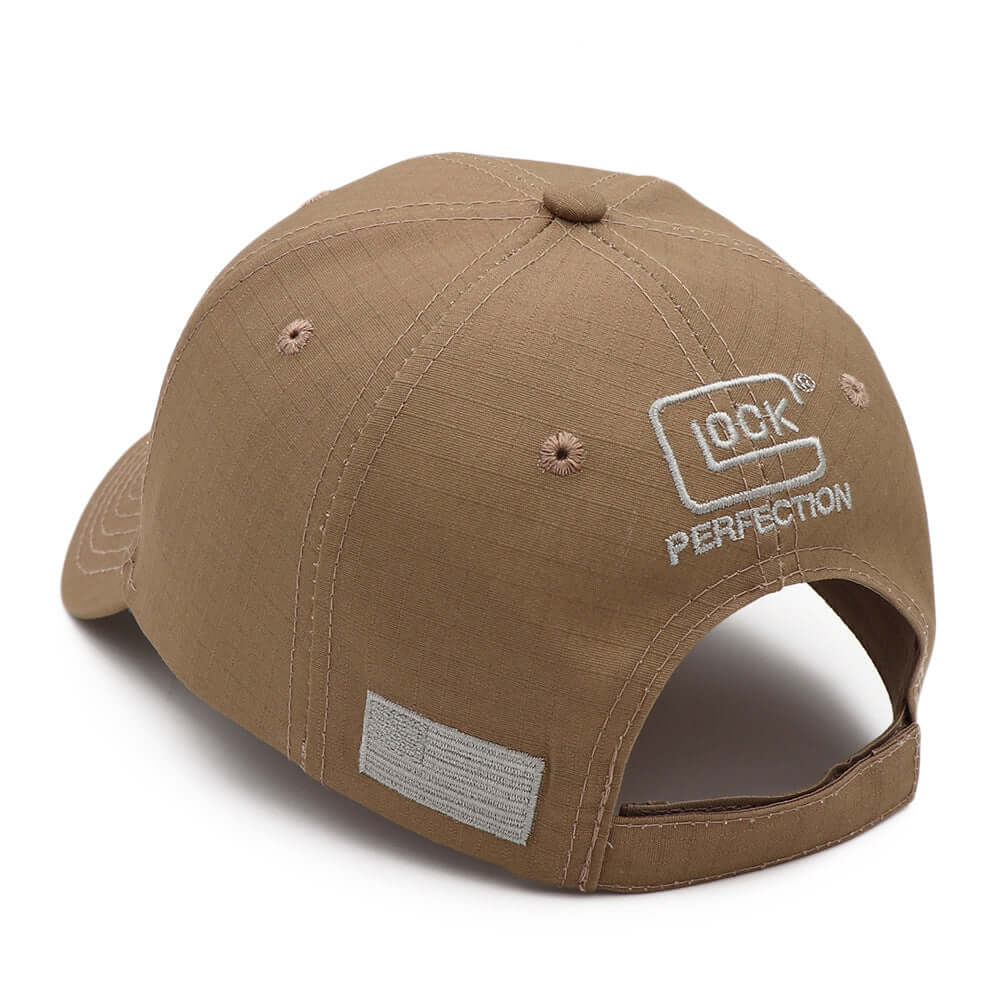 Brown adjustable baseball cap with embroidered 'GLOCK PERFECTION' logo, perfect for casual wear for men and women.