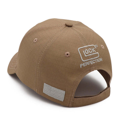 Brown adjustable baseball cap with embroidered 'GLOCK PERFECTION' logo, perfect for casual wear for men and women.