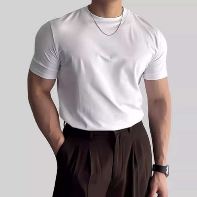 Men's slim fit white short-sleeved t-shirt for sports and fitness, perfect for summer.