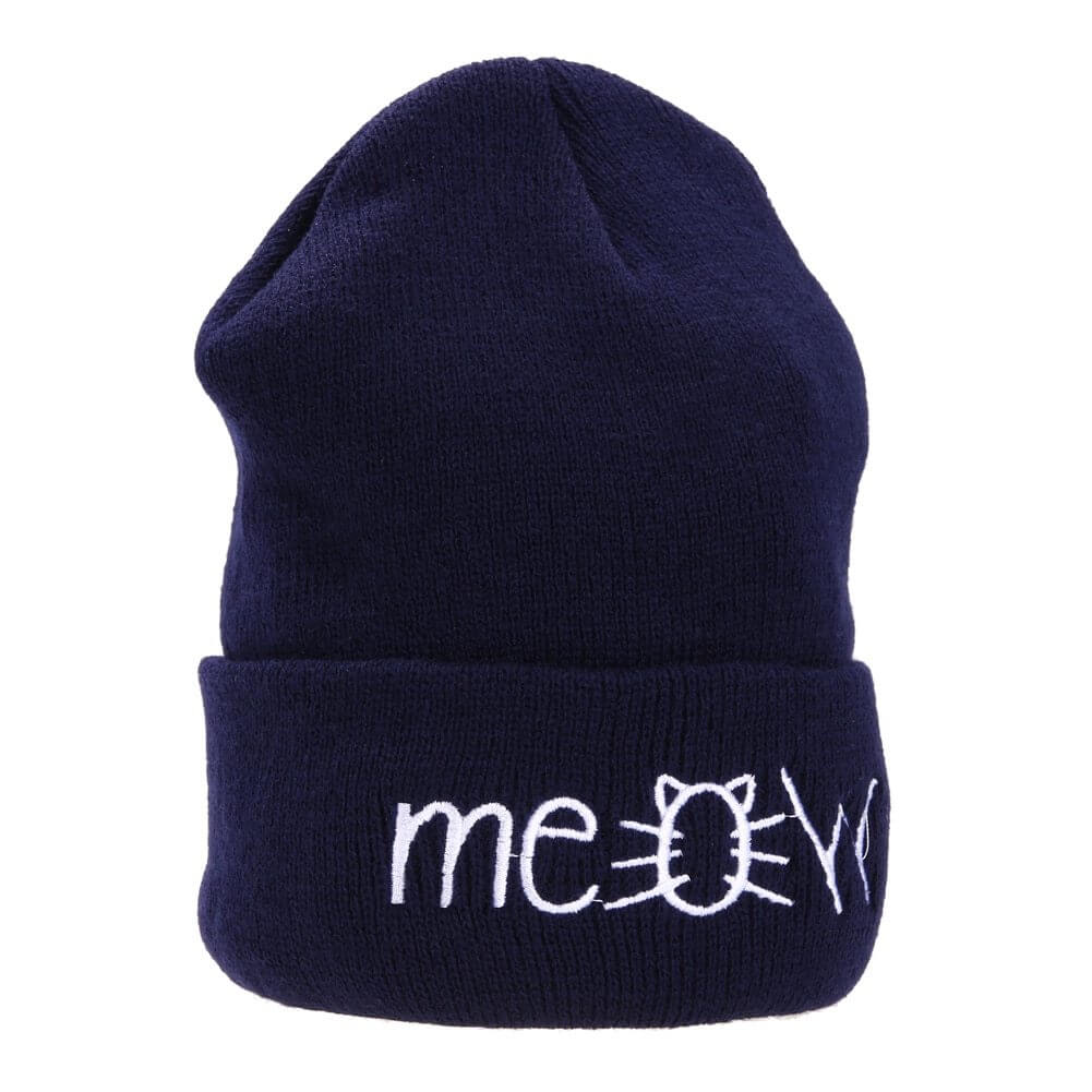 Navy blue knitted beanie hat with 'meow' embroidered design, perfect for men and women in winter.