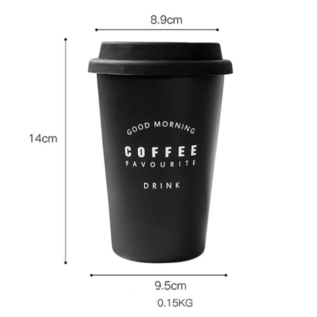ROKEN stainless steel coffee mug with lid, 350ML, BPA free, for hot drinks, outdoor and office use, black color.