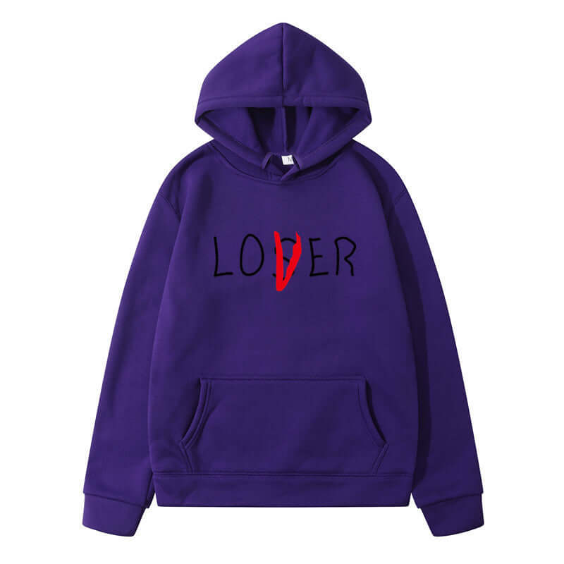 Purple hoodie with 'Lover' printed in black and red, perfect for winter leisure wear for couples.
