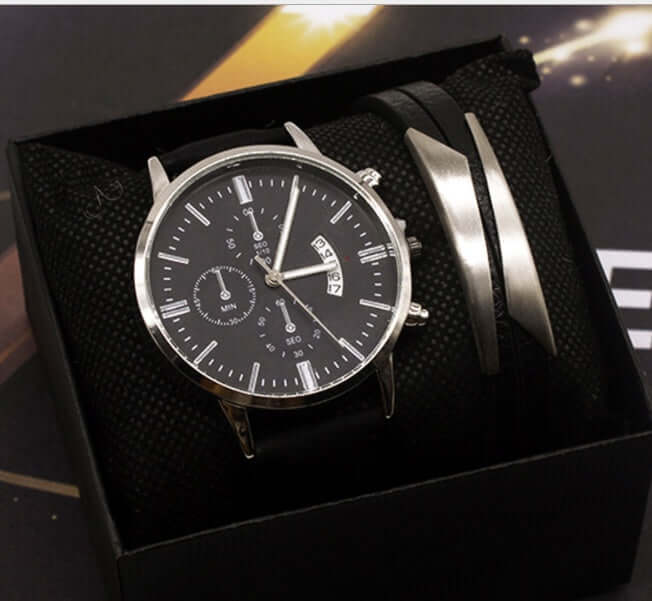 Men's quartz watch set with calendar, stylish design, includes bracelet, by BONEHEAD PRO-CREATIONS, ideal for business use.