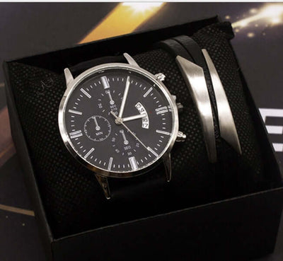 Men's quartz watch set with calendar, stylish design, includes bracelet, by BONEHEAD PRO-CREATIONS, ideal for business use.