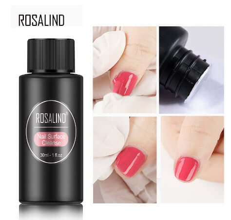 ROSALIND Nail Surface Cleanse 30ml, effective nail remover suitable for all skin types, shown with nail polish application.