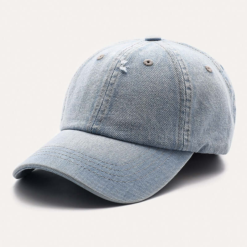 Light blue denim baseball cap from BONEHEAD PRO-CREATIONS, featuring distressed style, adjustable fit for all seasons.