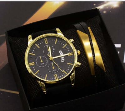 Men's quartz watch set in black and gold, fashion wristwatch with chronograph, BONEHEAD PRO-CREATIONS.